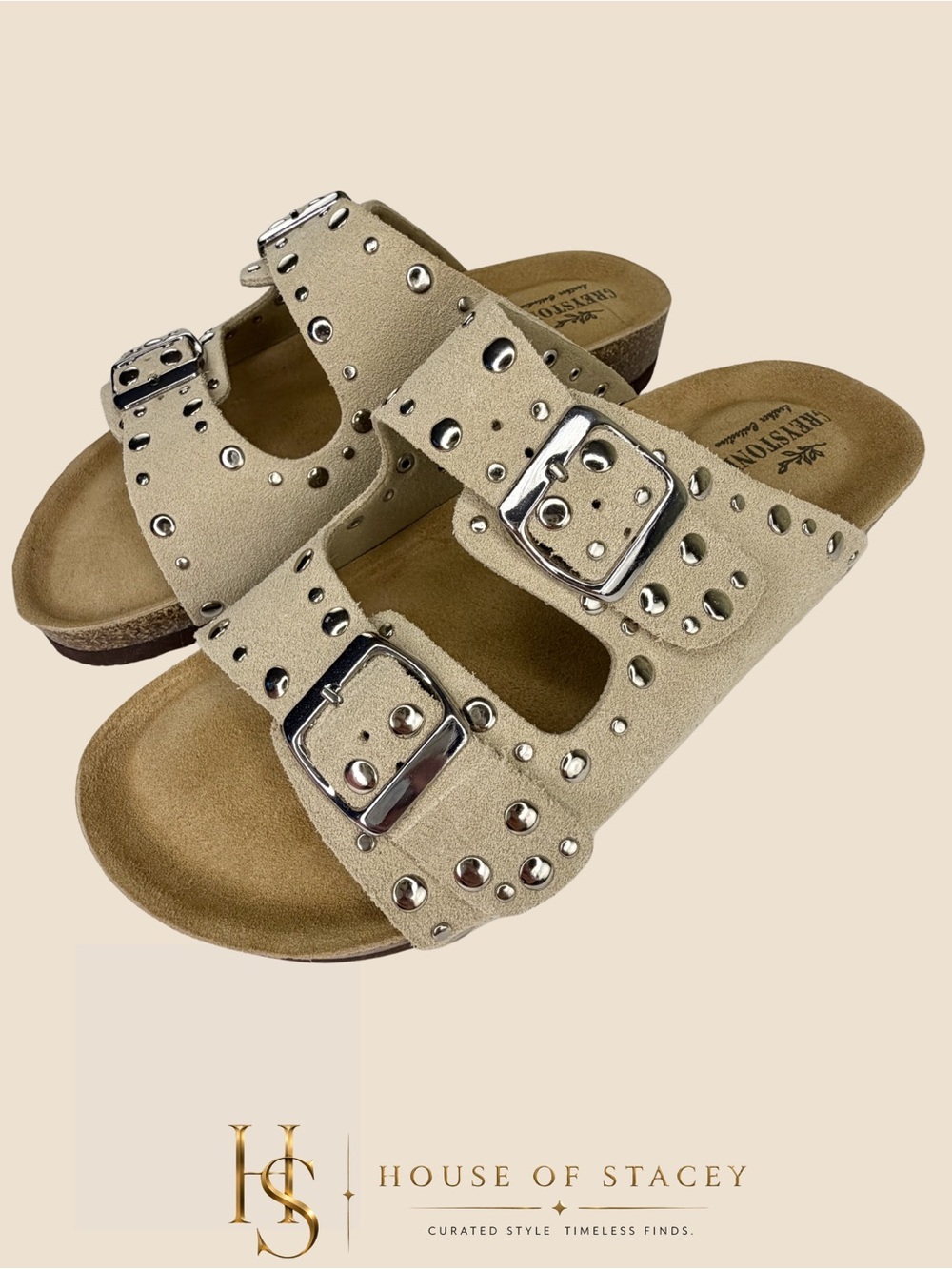 Greystone Genuine Suede Studded Double Buckle Slide Sandals - Picture 6 of 11